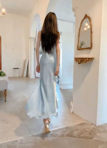 Chic Sheath Spaghetti Straps Light Sky Blue Flower Long Prom Dresses Birthday Outfits SD511