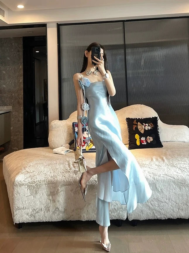 Chic Sheath Spaghetti Straps Light Sky Blue Flower Long Prom Dresses Birthday Outfits SD511