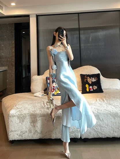 Chic Sheath Spaghetti Straps Light Sky Blue Flower Long Prom Dresses Birthday Outfits SD511
