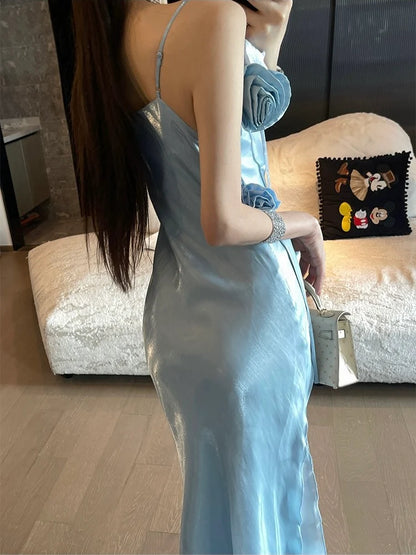 Chic Sheath Spaghetti Straps Light Sky Blue Flower Long Prom Dresses Birthday Outfits SD511