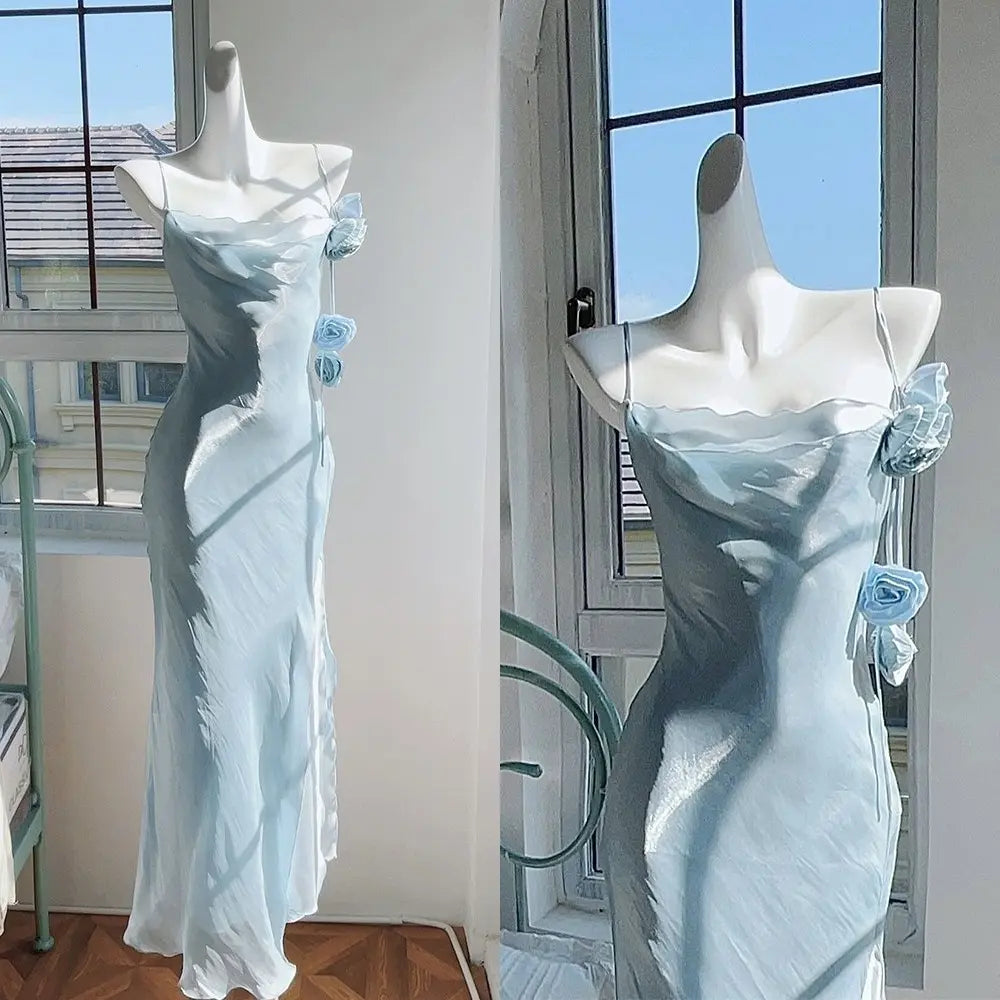 Chic Sheath Spaghetti Straps Light Sky Blue Flower Long Prom Dresses Birthday Outfits SD511