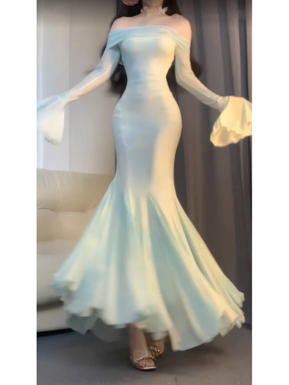 Chic Mermaid Off The Shoulder Mint Green Ankle length Birthday Dresses Birthday Outfits SD515