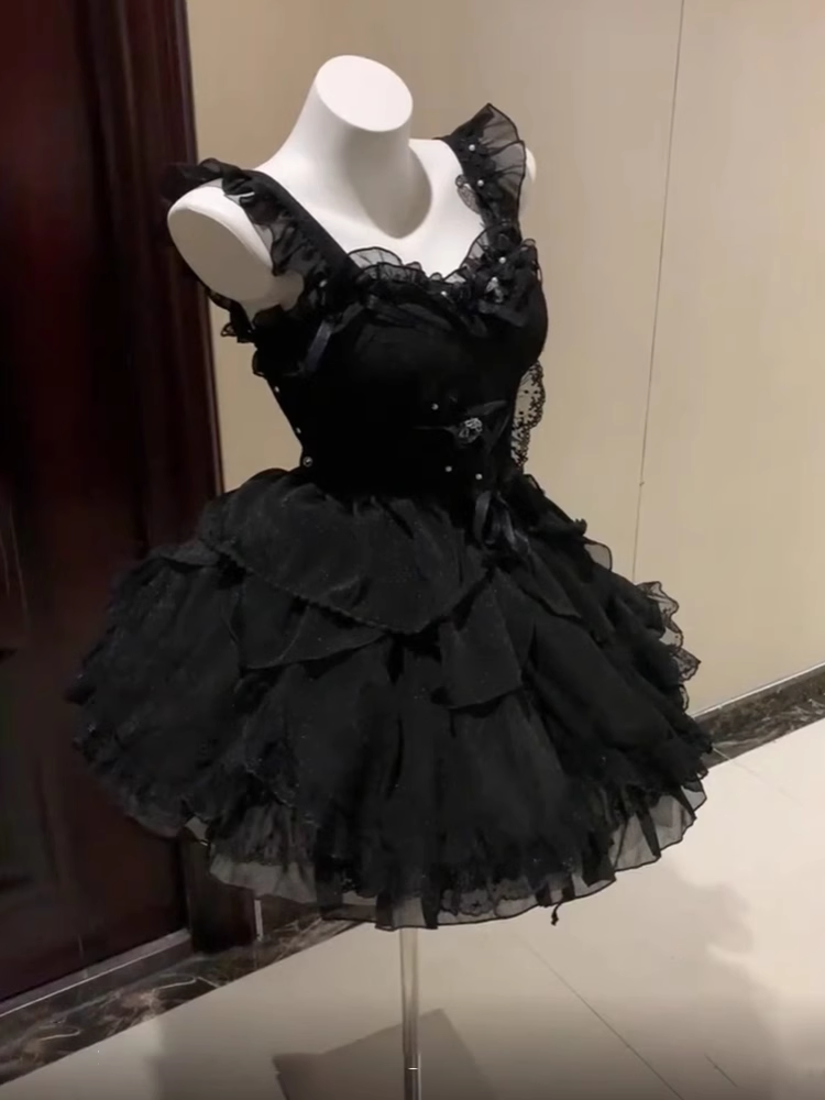 Chic Ball Gown Straps Black Floral Short Black Homecoming Dresses Birthday Outfits SD518