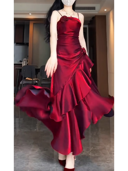 Retro Mermaid Spaghetti Straps Red Ankle length Prom Dresses Birthday Outfits SD521