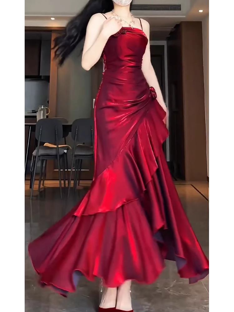 Retro Mermaid Spaghetti Straps Red Ankle length Prom Dresses Birthday Outfits SD521