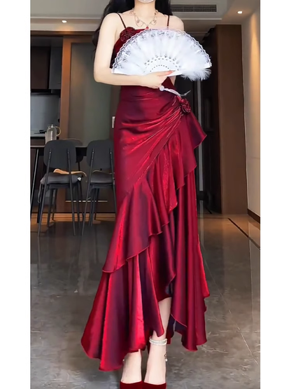 Retro Mermaid Spaghetti Straps Red Ankle length Prom Dresses Birthday Outfits SD521