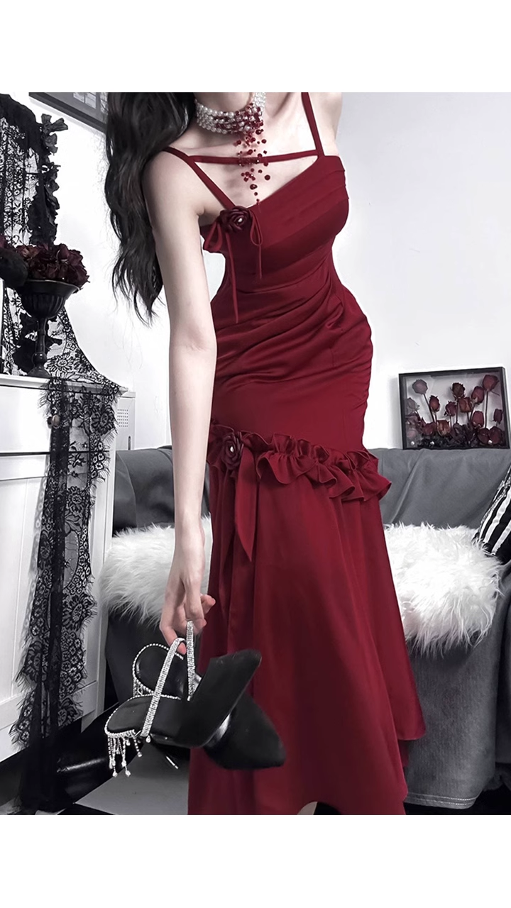 Retro Mermaid Spaghetti Straps Burgundy Ankle length Prom Dresses Birthday Outfits SD526