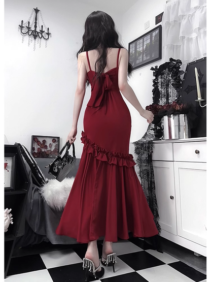 Retro Mermaid Spaghetti Straps Burgundy Ankle length Prom Dresses Birthday Outfits SD526