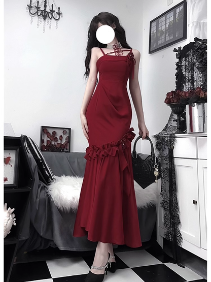 Retro Mermaid Spaghetti Straps Burgundy Ankle length Prom Dresses Birthday Outfits SD526