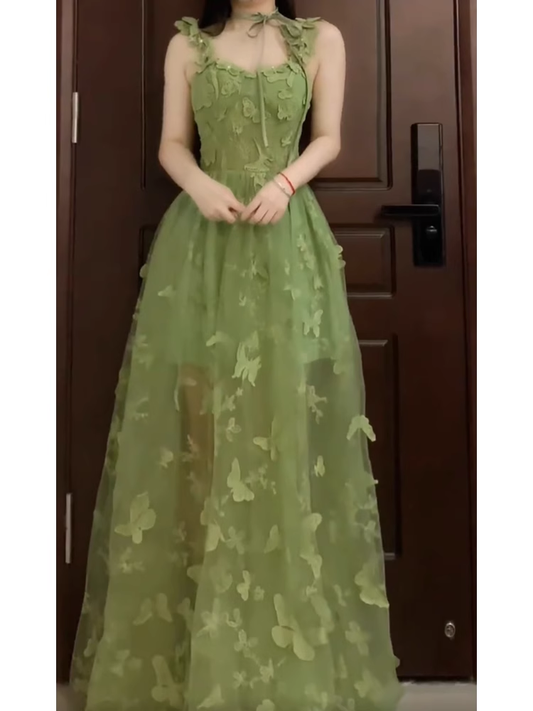 Retro A Line Spaghetti Straps Ankle length Green Lace Prom Dresses Birthday Outfits SD531