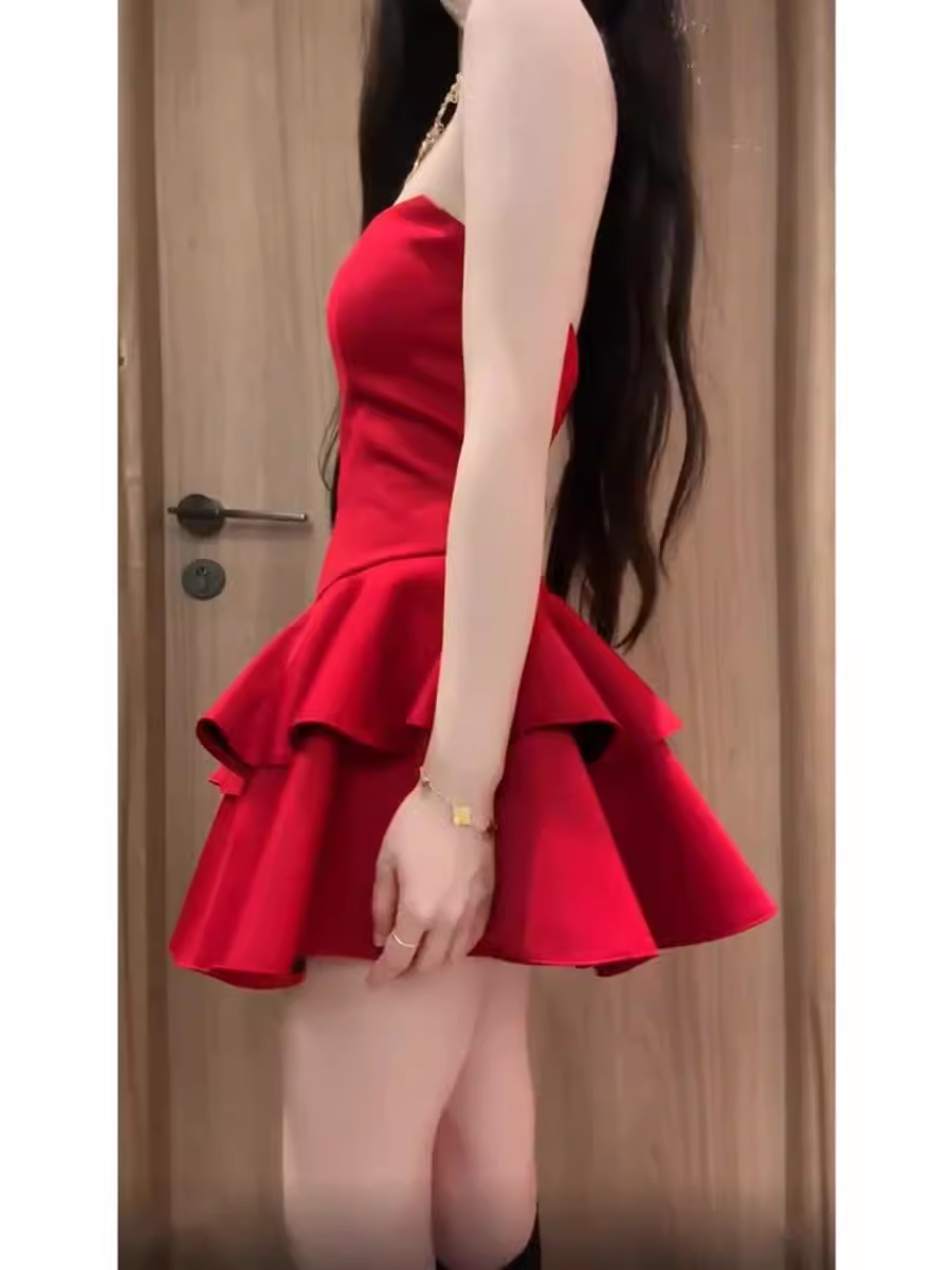 Retro A Line Strapless Short Red Cocktail Dresses Birthday Outfits SD535