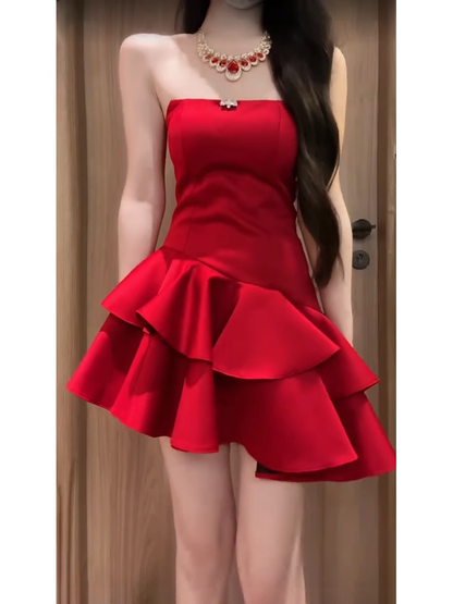 Retro A Line Strapless Short Red Cocktail Dresses Birthday Outfits SD535