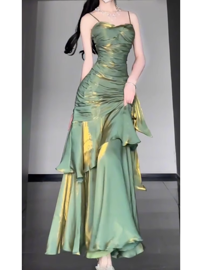 Retro Mermaid Spaghetti Straps Green Prom Dresses Birthday Outfits With Flower SD537