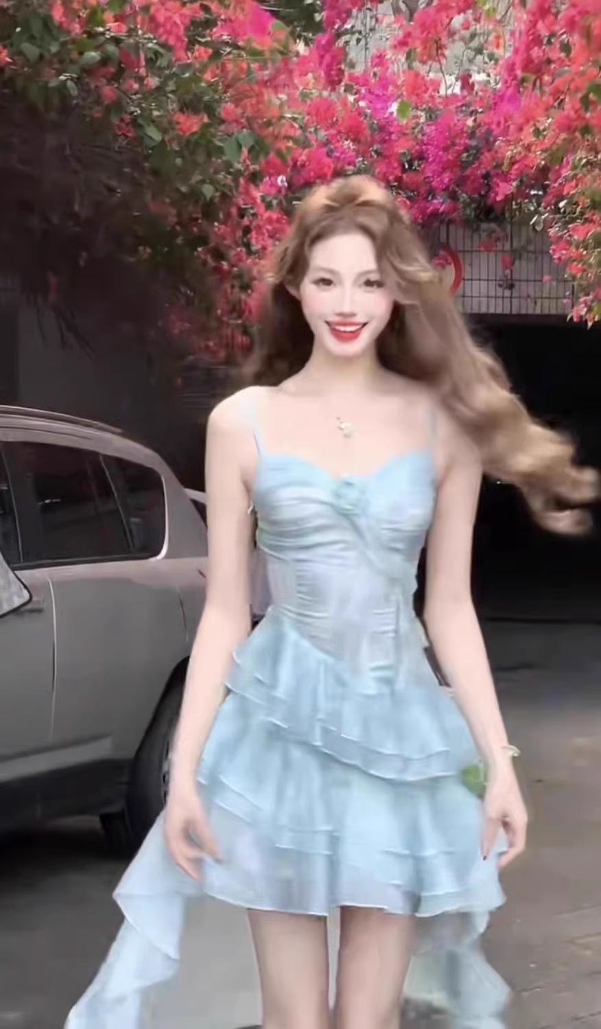 Cute Sheath Spaghetti Straps Light Blue Ruffles Party Beach Dresses Bi
