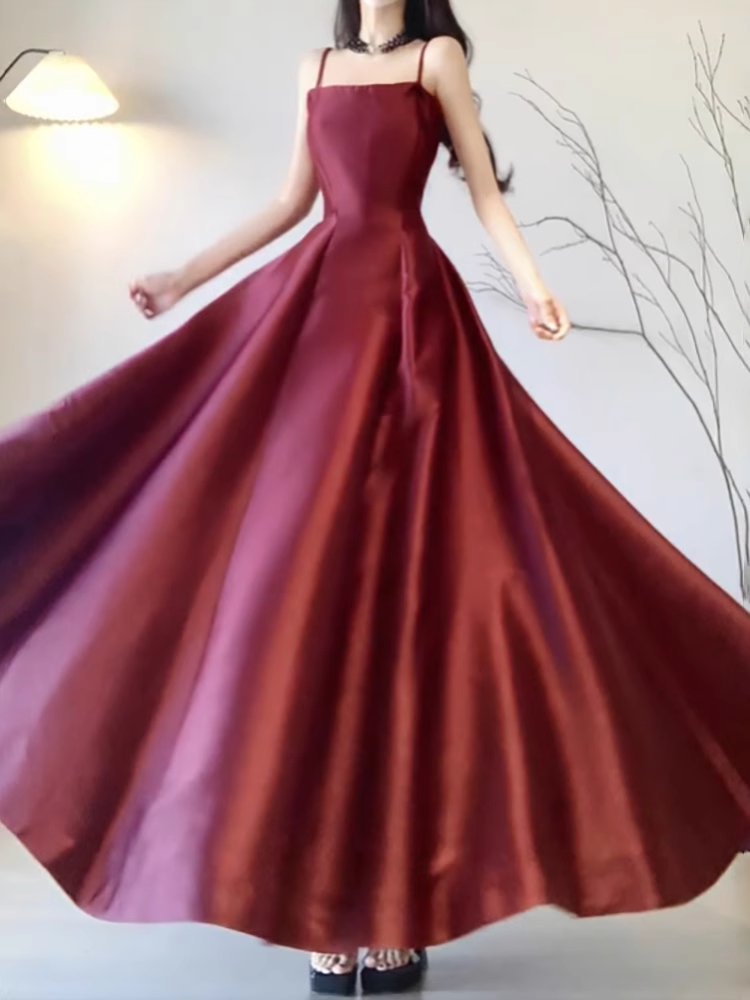 Sexy A line Spaghetti Straps Burgundy Long Party Prom Dresses Birthday Outfits SD561