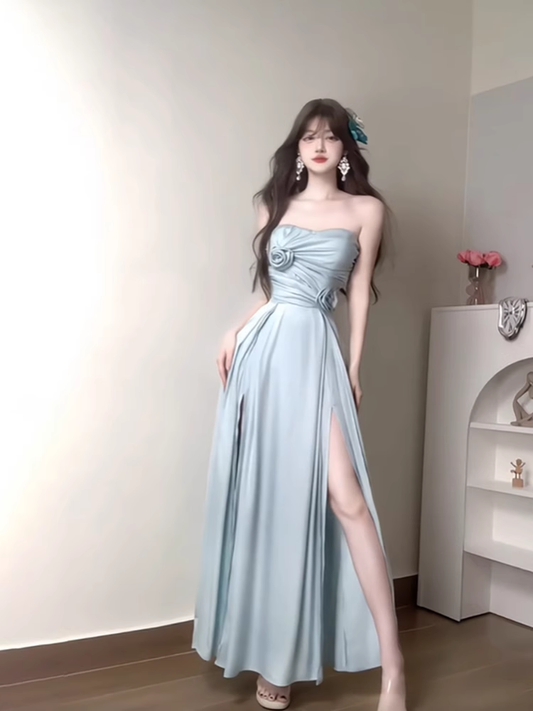 Sexy A line Strapless Blue Slit Long Party Prom Dresses Birthday Outfits SD562