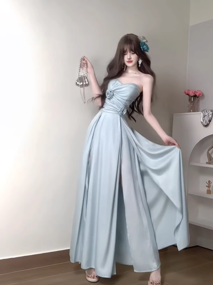 Sexy A line Strapless Blue Slit Long Party Prom Dresses Birthday Outfits SD562