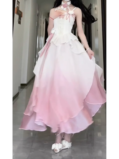 Sexy A line Straps Ombre Pink Chiffon Party Prom Dresses Birthday Outfits SD565