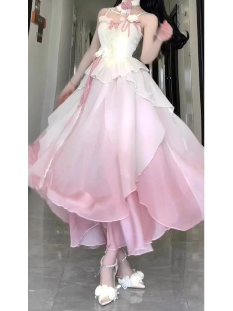 Sexy A line Straps Ombre Pink Chiffon Party Prom Dresses Birthday Outfits SD565