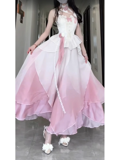 Sexy A line Straps Ombre Pink Chiffon Party Prom Dresses Birthday Outfits SD565