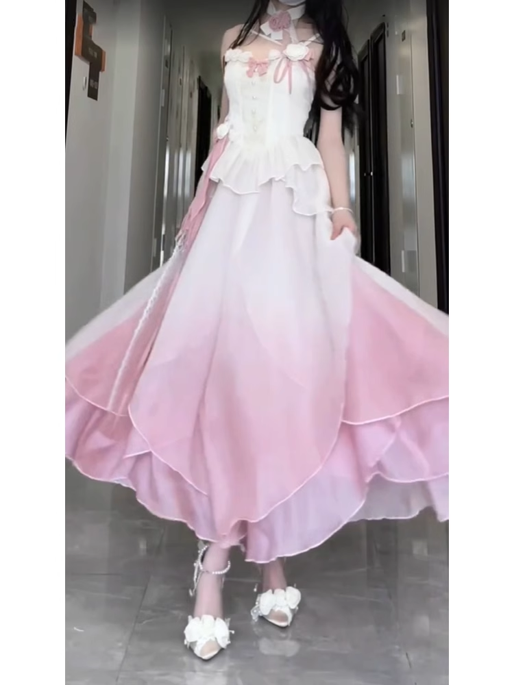 Sexy A line Straps Ombre Pink Chiffon Party Prom Dresses Birthday Outfits SD565