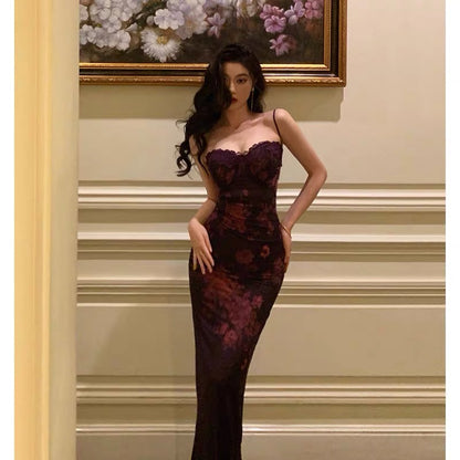 Sexy Sheath Spaghetti Straps Lace Grape Ankle Length Prom Dresses Birthday Outfits SD596