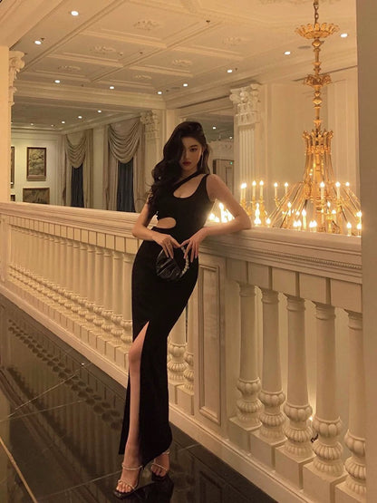 Sexy Sheath One Shoulder Straps Black Slit Long Prom Dresses Birthday Outfits SD610