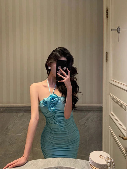 Sexy Sheath Halter Blue Fold Long Prom Dresses Birthday Outfits SD615