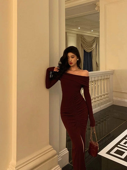 Gorgeous Mermaid Off The Shoulder Long Sleeves Date Night Dress Burgundy Prom Dresses Birthday Outfits SD645