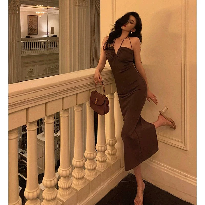 Sexy Sheath Spaghetti Straps Sleeveless Brown Ankle Length Prom Dresses Birthday Outfits SD650