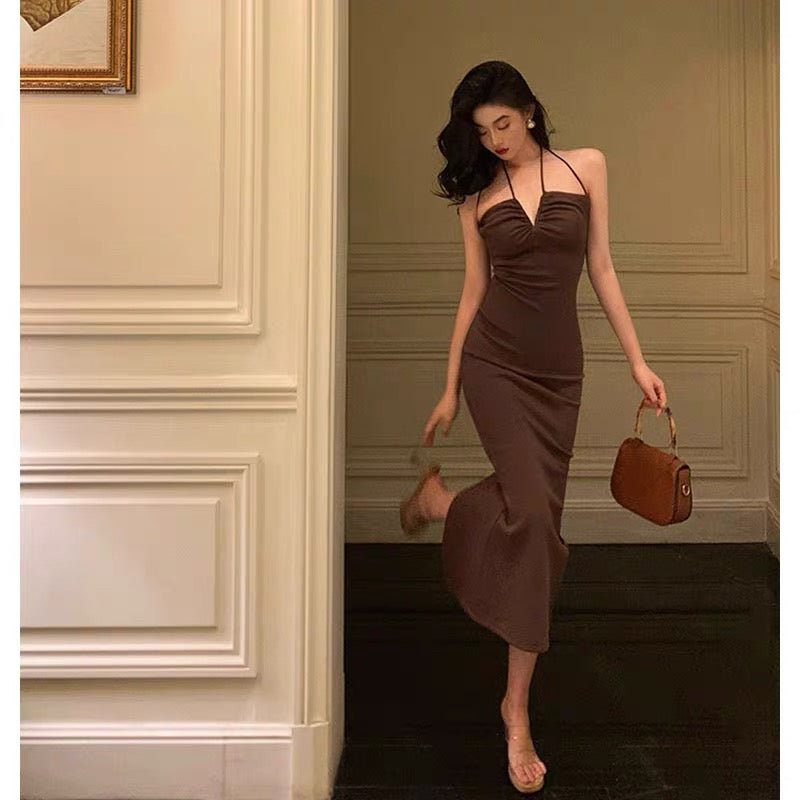 Sexy Sheath Spaghetti Straps Sleeveless Brown Ankle Length Prom Dresses Birthday Outfits SD650