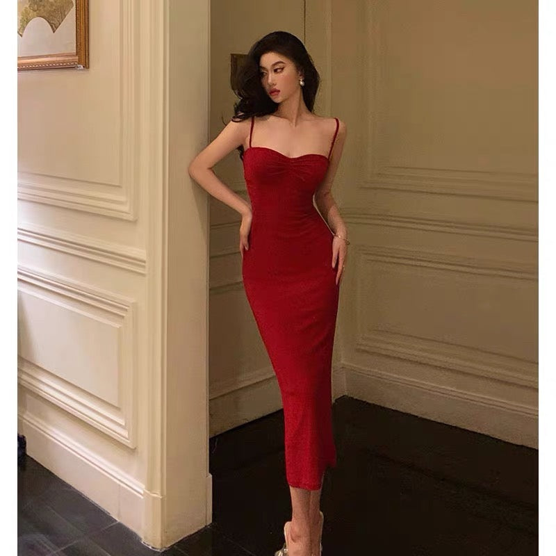 Sexy Sheath Spaghetti Straps Sleeveless Red Tea Length Prom Dresses Birthday Outfits SD661