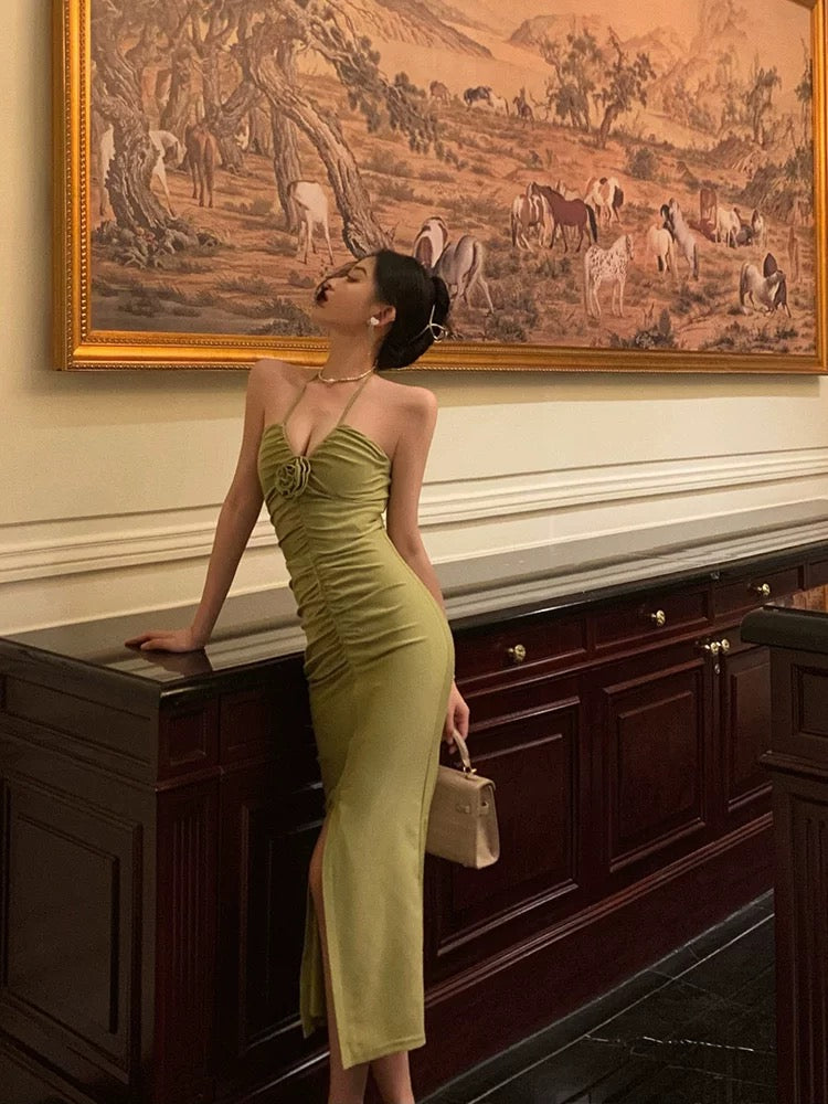 Sexy Sheath Halter Green Sleeveless Slit Tea Length Party Dresses Birthday Outfits SD670