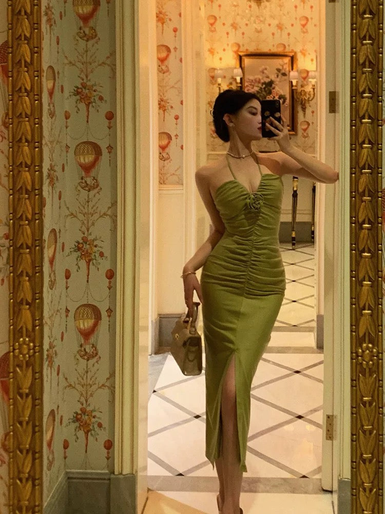 Sexy Sheath Halter Green Sleeveless Slit Tea Length Party Dresses Birthday Outfits SD670