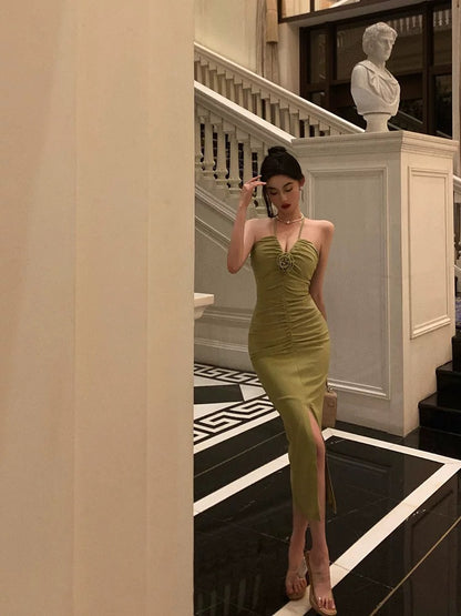 Sexy Sheath Halter Green Sleeveless Slit Tea Length Party Dresses Birthday Outfits SD670