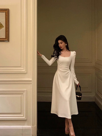 Gorgeous A line Square Neckline Long Sleeves Date Night Dress White Prom Dresses Birthday Outfits SD672