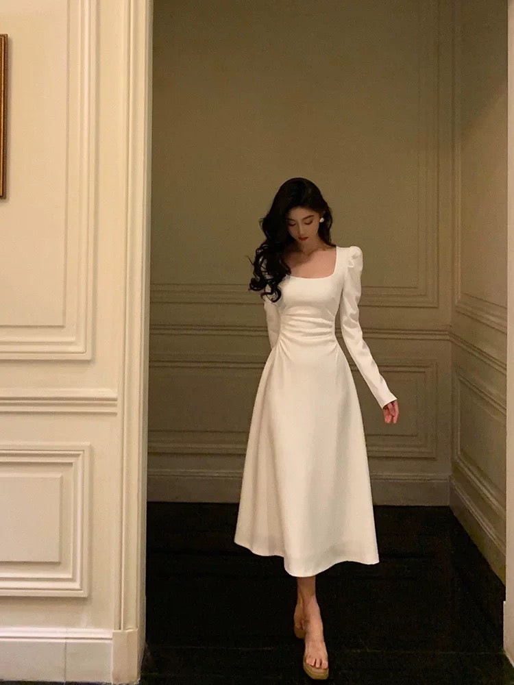 Gorgeous A line Square Neckline Long Sleeves Date Night Dress White Prom Dresses Birthday Outfits SD672