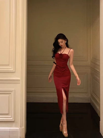 Sexy Sheath Spaghetti Straps Red Sleeveless Slit Tea Length Party Dresses Birthday Outfits SD674