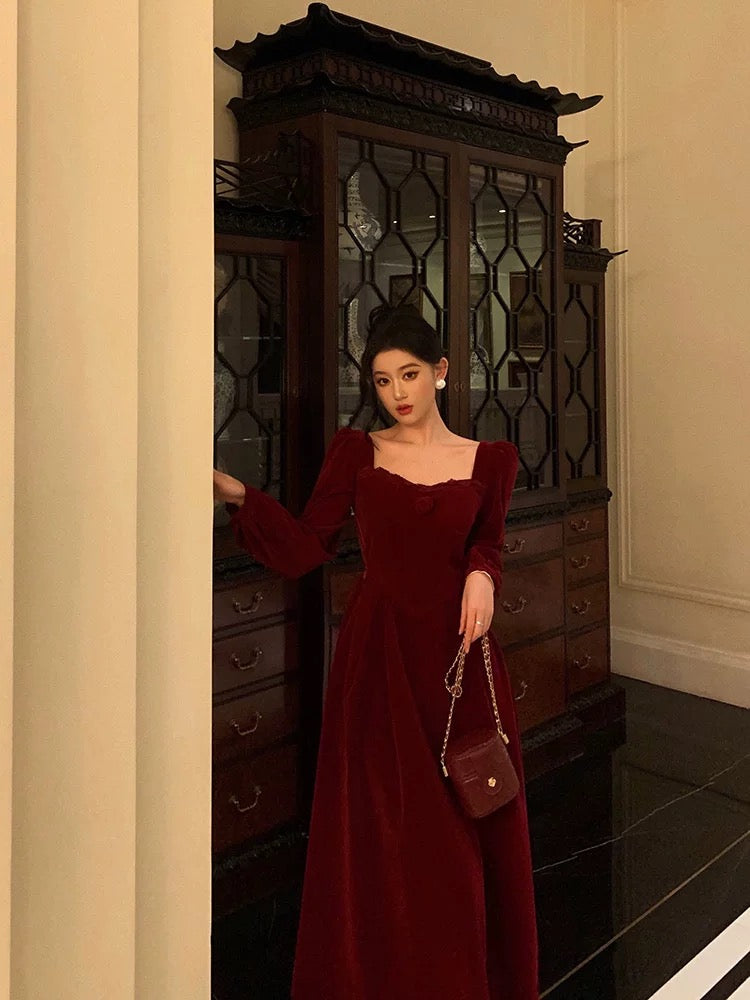 Sexy A line Square Neckline Long Sleeves Tea Length Velvet Prom Dresses Birthday Outfits SD686