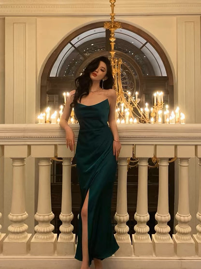 Sexy Sheath Spaghetti Straps Dark Green Satin Slit Prom Dresses Birthday Outfits SD697