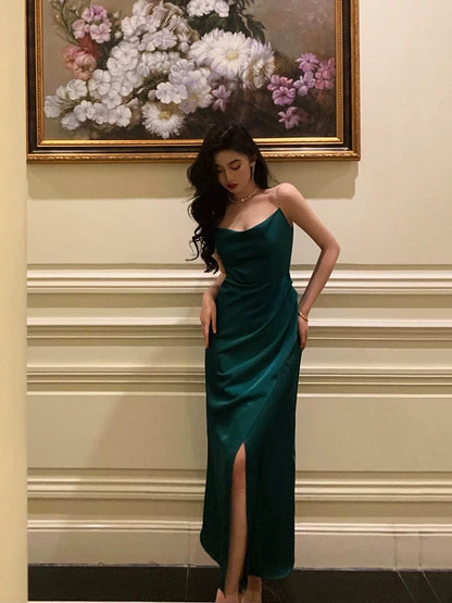 Sexy Sheath Spaghetti Straps Dark Green Satin Slit Prom Dresses Birthday Outfits SD697