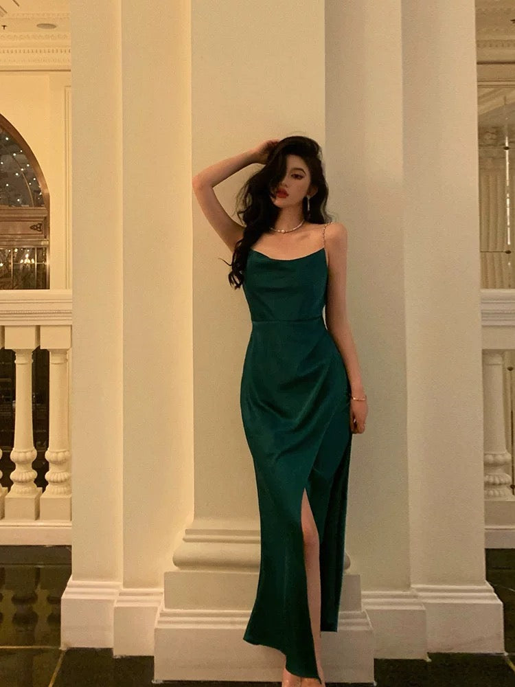 Sexy Sheath Spaghetti Straps Dark Green Satin Slit Prom Dresses Birthday Outfits SD697