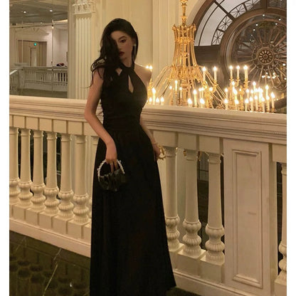 French A Line Halter Sleeveless Black Prom Dresses Birthday Outfits SD711