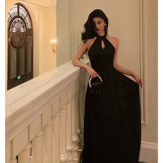 French A Line Halter Sleeveless Black Prom Dresses Birthday Outfits SD711