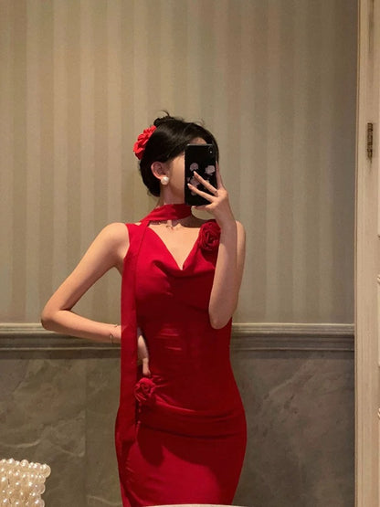 Pretty Sheath Straps Sleeveless Floral Date Night Dress Red Prom Dresses Birthday Outfits SD715