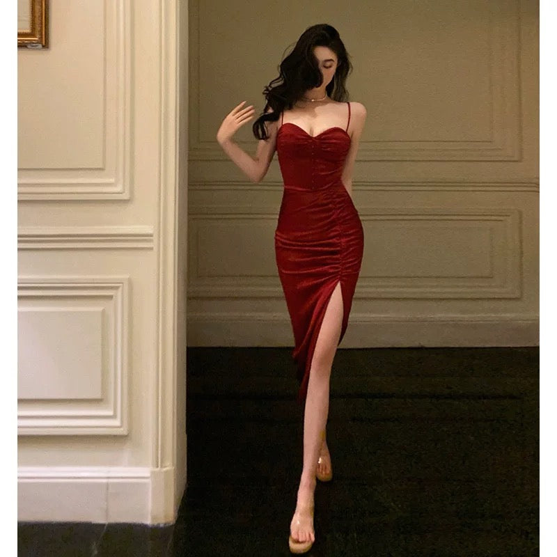 Gorgeous Sheath Spaghetti Straps Red Sleeveless Velvet Date Night Dress Prom Dresses Birthday Outfit SD722