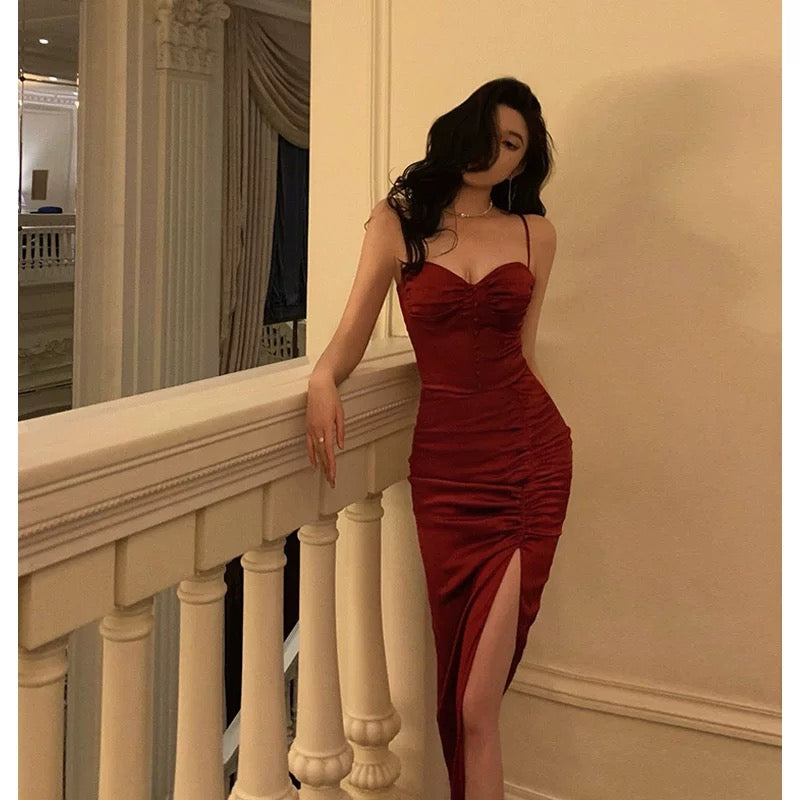 Gorgeous Sheath Spaghetti Straps Red Sleeveless Velvet Date Night Dress Prom Dresses Birthday Outfit SD722