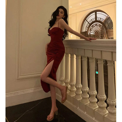 Gorgeous Sheath Spaghetti Straps Red Sleeveless Velvet Date Night Dress Prom Dresses Birthday Outfit SD722