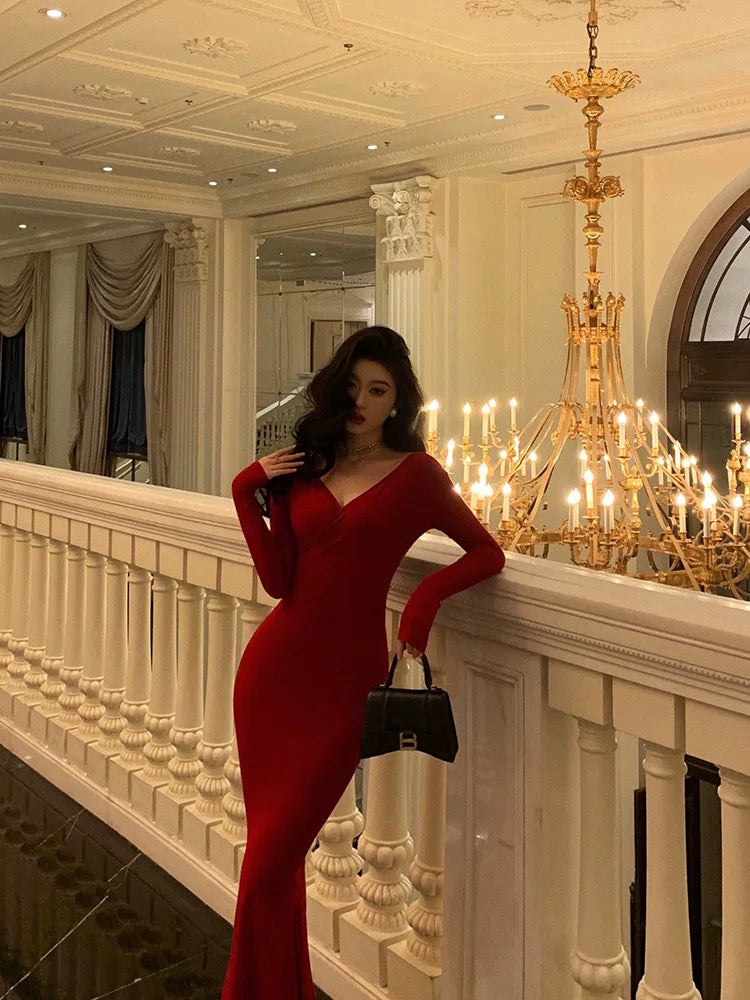 Gorgeous Mermaid V Neckline Long Sleeves Red Date Night Dress Prom Dresses Birthday Outfit SD727