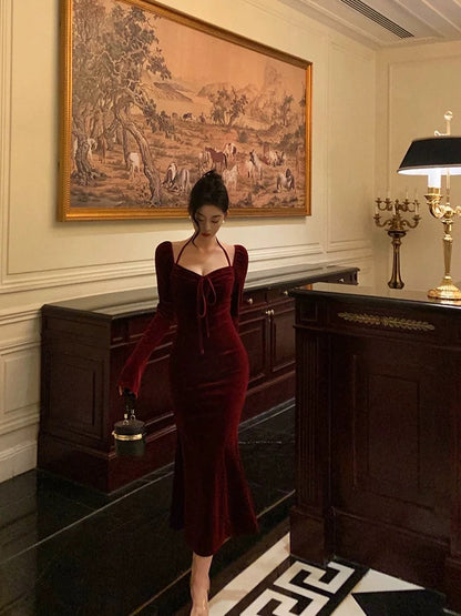 Gorgeous Sheath Halter Long Sleeves Burgundy Velvet Date Night Dress Prom Dresses Birthday Outfit SD728